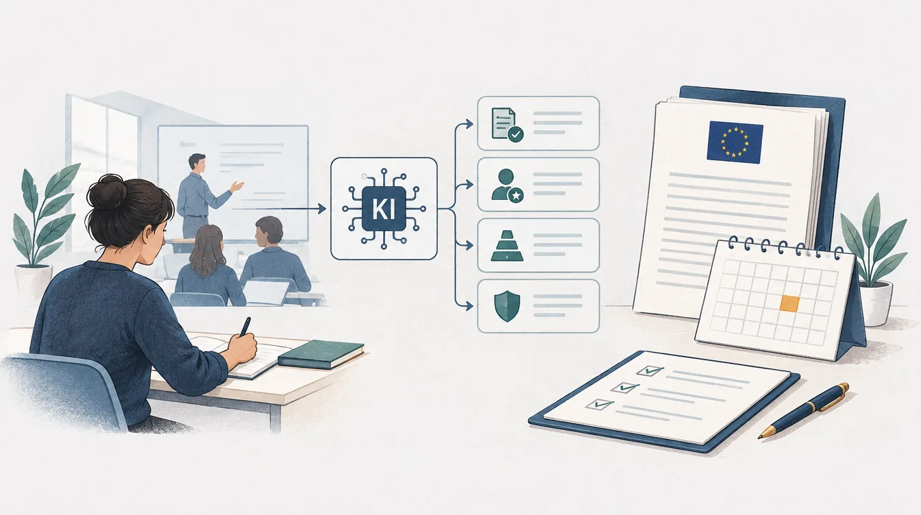 Unterricht, KI-System und Prüfdokumente sind in einem Ablauf verbunden.