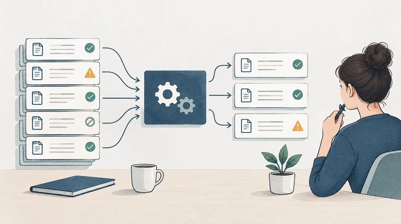 Verschiedene Eingabefälle durchlaufen einen Workflow und ergeben prüfbare Ausgänge.