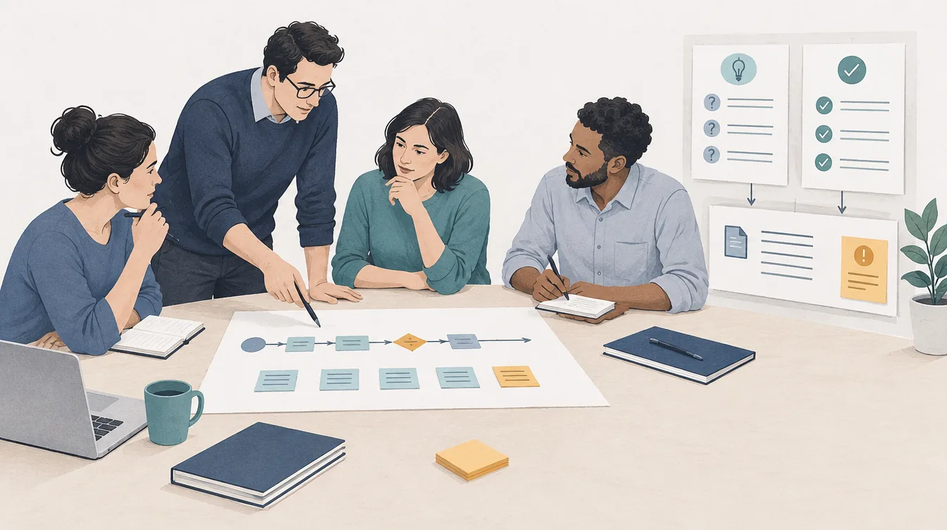 Ein Team untersucht Dokumente und Prozessschritte in einem gemeinsamen Workshop.