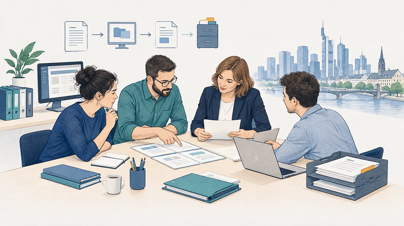 Ein Projektteam bespricht einen Arbeitsablauf vor einer stilisierten Frankfurter Stadtsilhouette.