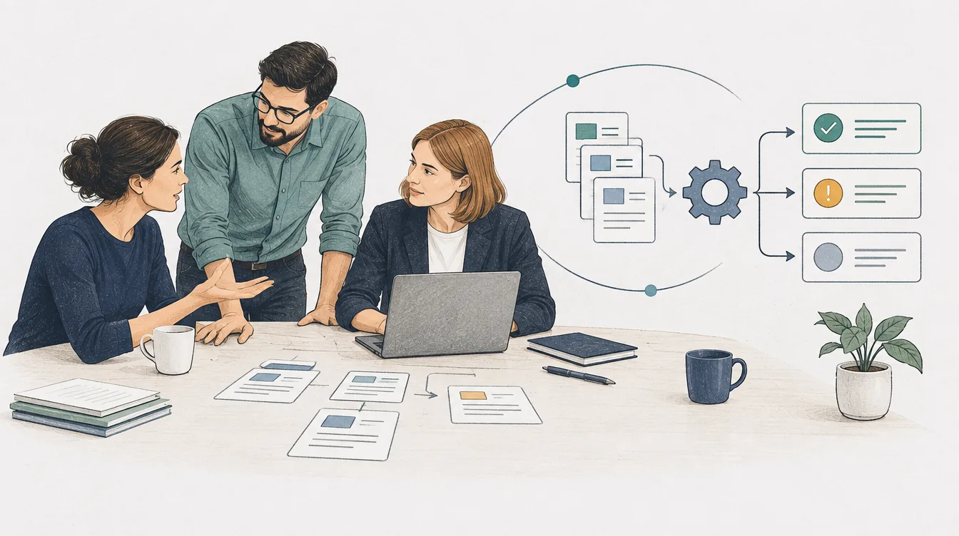 Ein Team entwickelt gemeinsam einen begrenzten Arbeitsablauf und prüft die Ergebnisse.