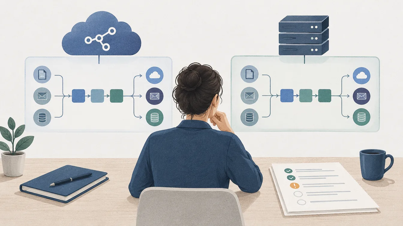 Ein Workflow wird zwischen Cloud-Betrieb und eigenem Server verglichen.