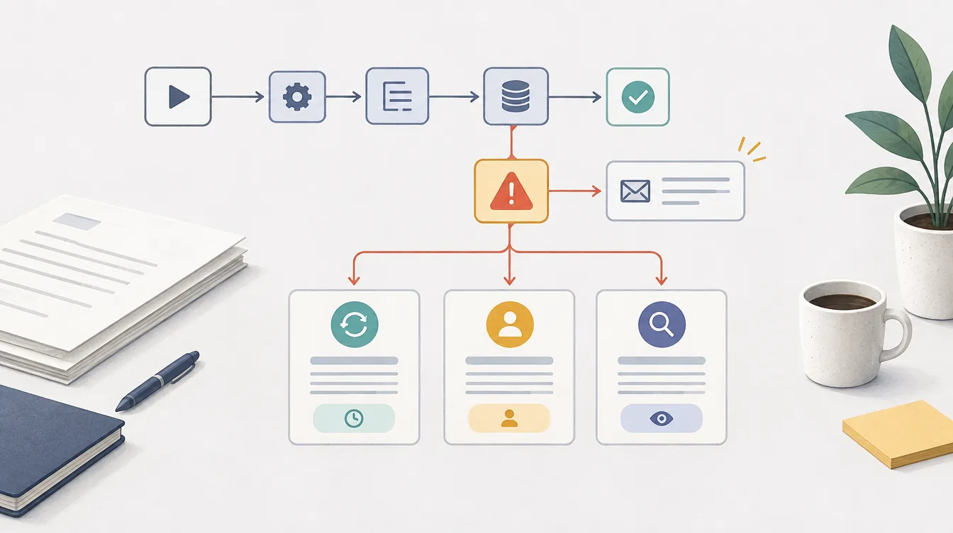 Ein Fehler im Workflow verzweigt zu Wiederholung, Zuständigkeit und Prüfung.