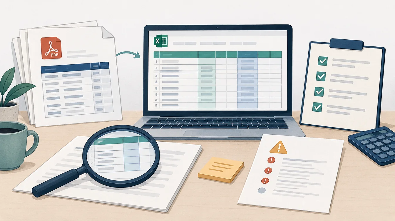 Übertragene PDF-Tabellen werden in Excel anhand einer Prüfliste kontrolliert.