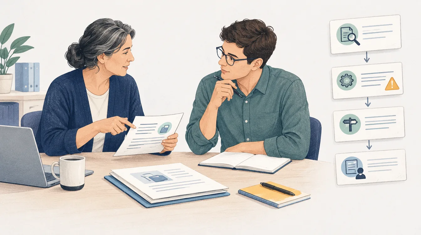 Eine erfahrene Person erläutert Arbeitsfälle, die in einem Wissensinterview dokumentiert werden.