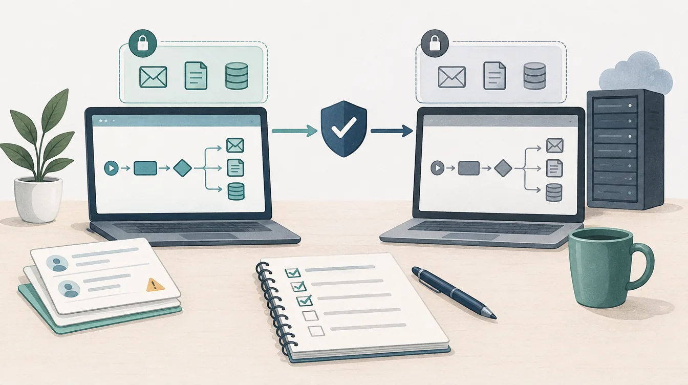 Ein Workflow wird vor der Übernahme in den Betrieb in einer getrennten Umgebung geprüft.