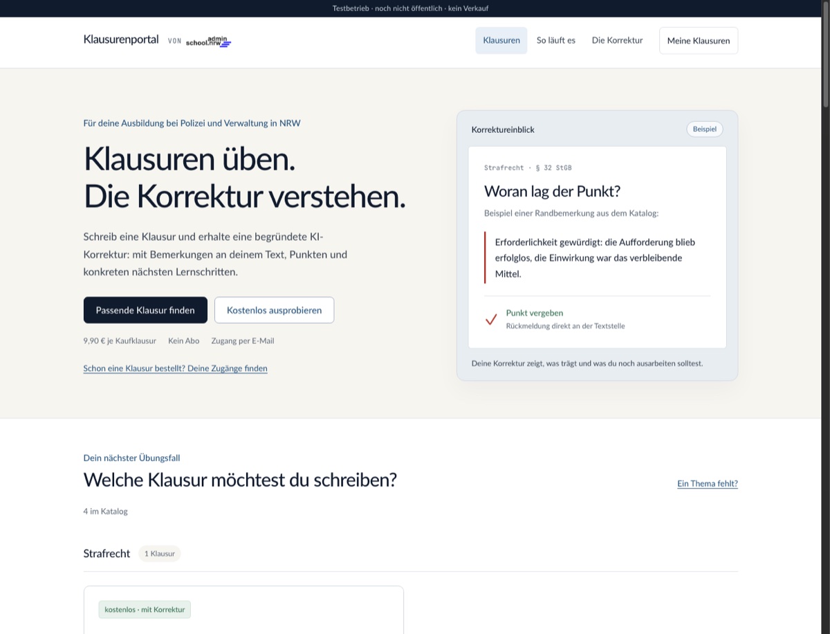 Entwicklungsansicht des Klausurenportals für adminschool NRW mit Klausurauswahl und Korrekturbeispiel