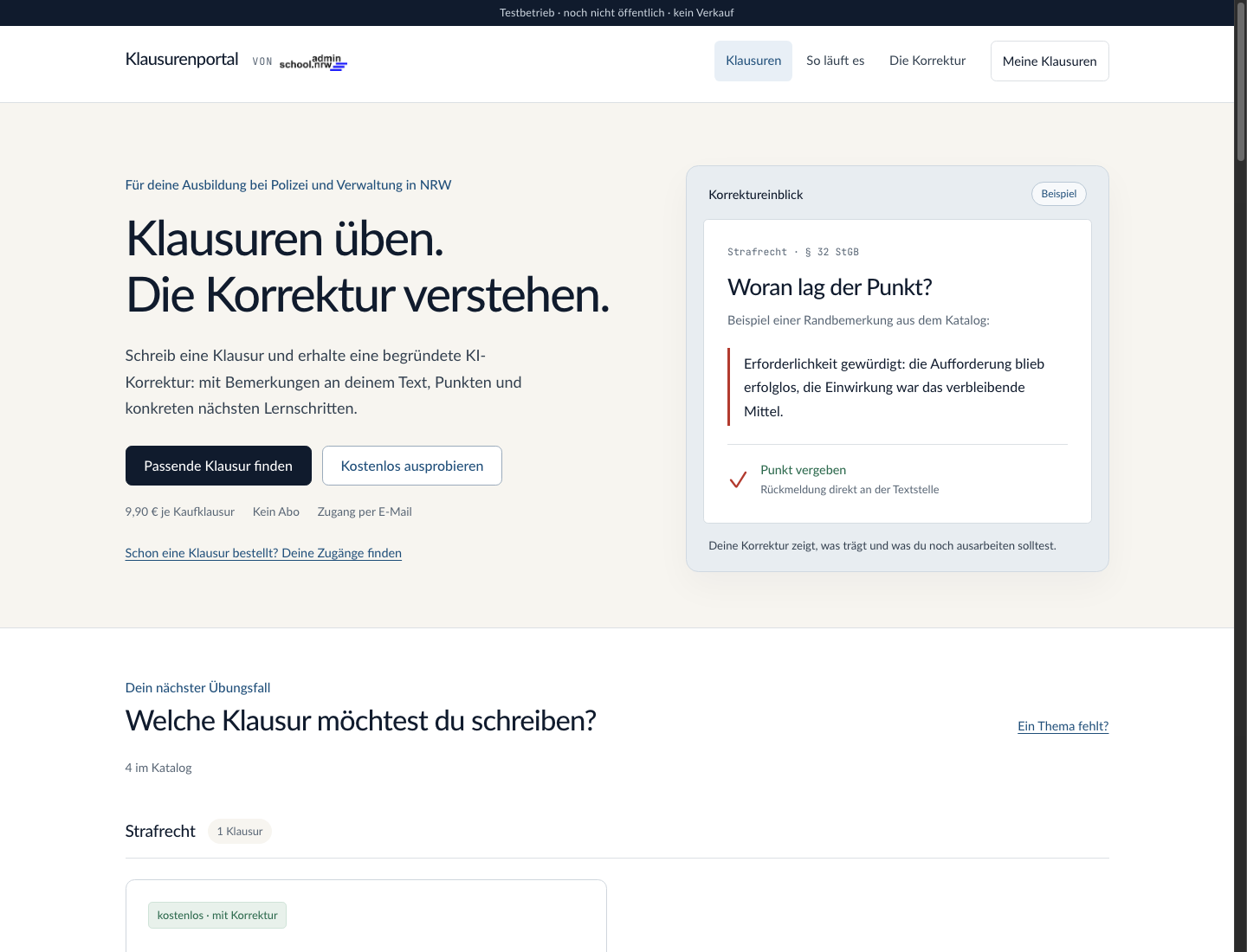 Entwicklungsansicht des Klausurenportals für adminschool NRW mit Klausurauswahl und Korrekturbeispiel